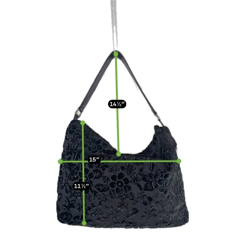 Christiana Black Beaded Velvet Floral Shoulder Bag Tassel Tote Purse